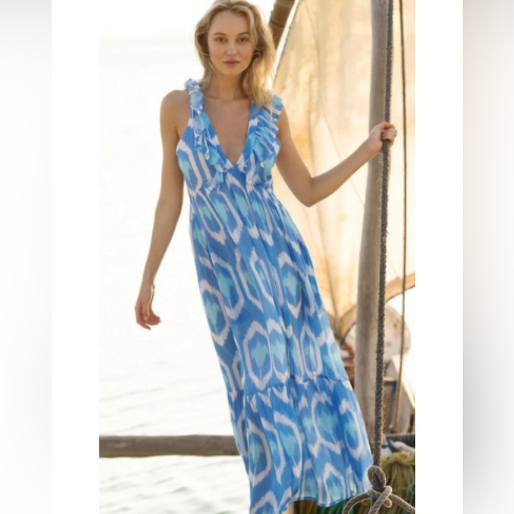 Odisha Blue Ruffle V Neck Maxi Dress